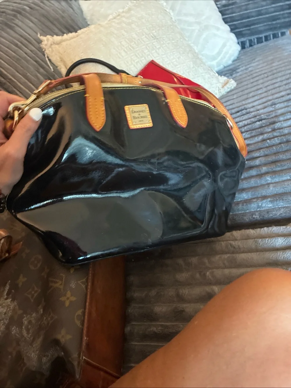 Dooney & Bourke Black Patent Shoulder Satchel with Tan Trim